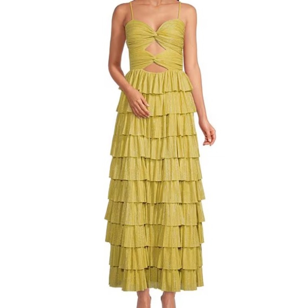 Grace Metallic Plisse Sweetheart Neck Cut-Out Tiered Tea Length Dress